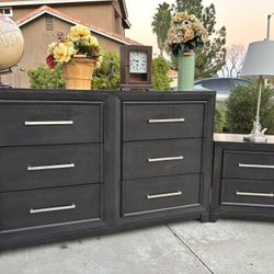 Gray Modern High End Solid Wood Dresser Chest of Drawers and Nightstand Furniture Set Great Condition 