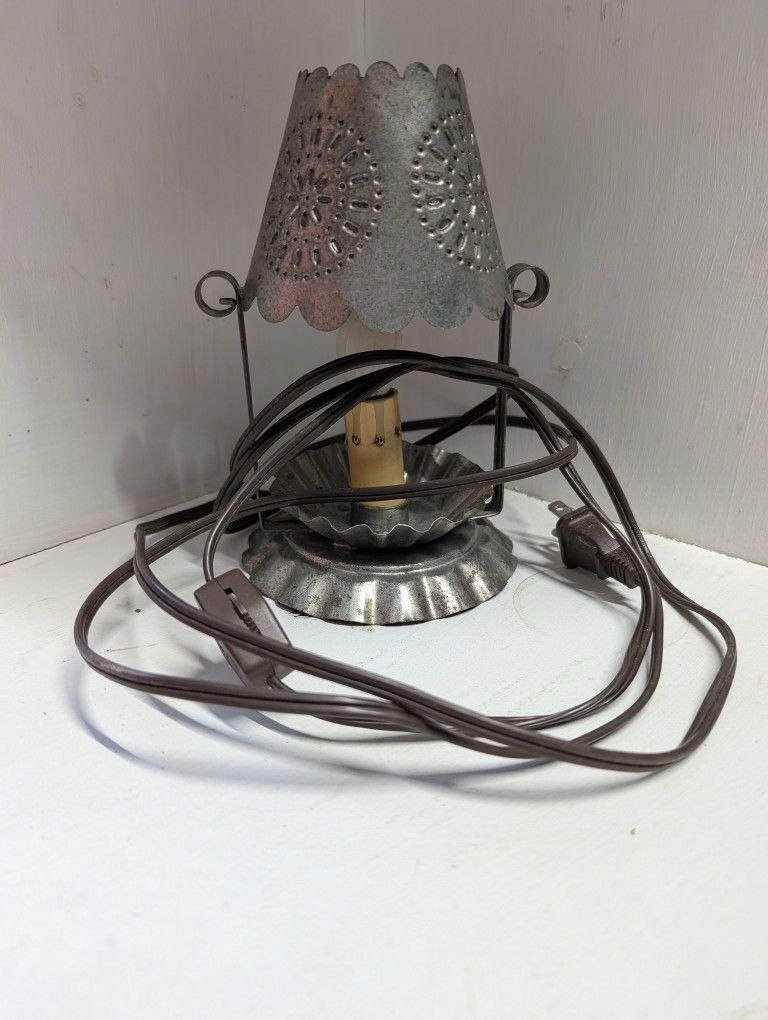 Vintage- Punched Tin Pie Crust Electric Candle Lamp

