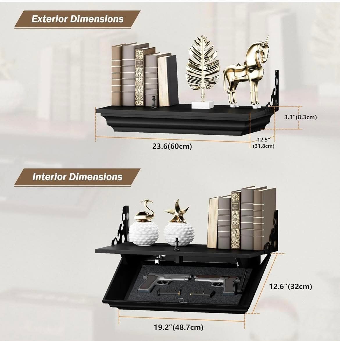 24" Compact Gun Shelf with Hidden Compartment, Floating Wall Mount Gun Rack for Living Room Decor, Solid Wood Concealed Furniture for Secure Gun Stora