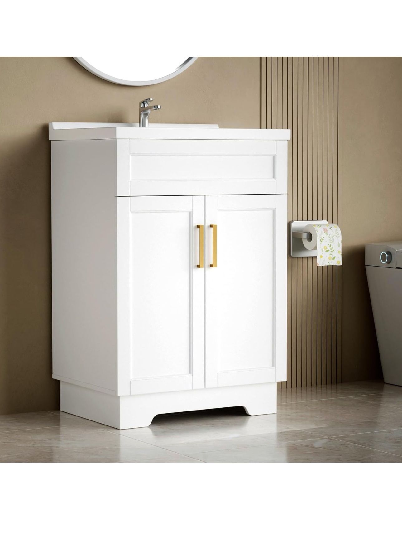 Bathroom Vanity with Ceramic Sink Bathroom Vanity Cabinet with 2 Doors 24 Inches Wooden Bathroom Sink Cabinet White