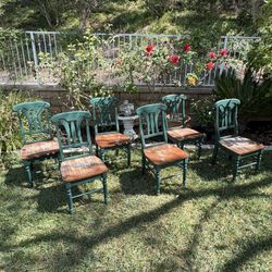 Set of 6 Green Wood Dining Chairs