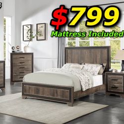 4pcs Queen Size Bedroom Set w. Mattress Included 