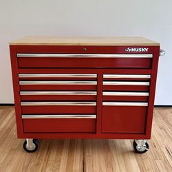Husky 42 Inch 10-Drawer Workbench Red Cabinet With Solid Wood Top