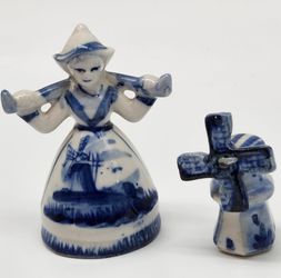 Vintage Delft Blue Porcelain Milkmaid and Windmill Figurine - Dutch Netherlands Holland