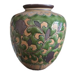 Art Nouveau pottery vase Green Leaf Enamel Embossed Ipsen Chinoiserie style