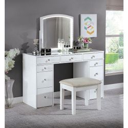 White Vanity with Led light and Stool @Elegant Furniture