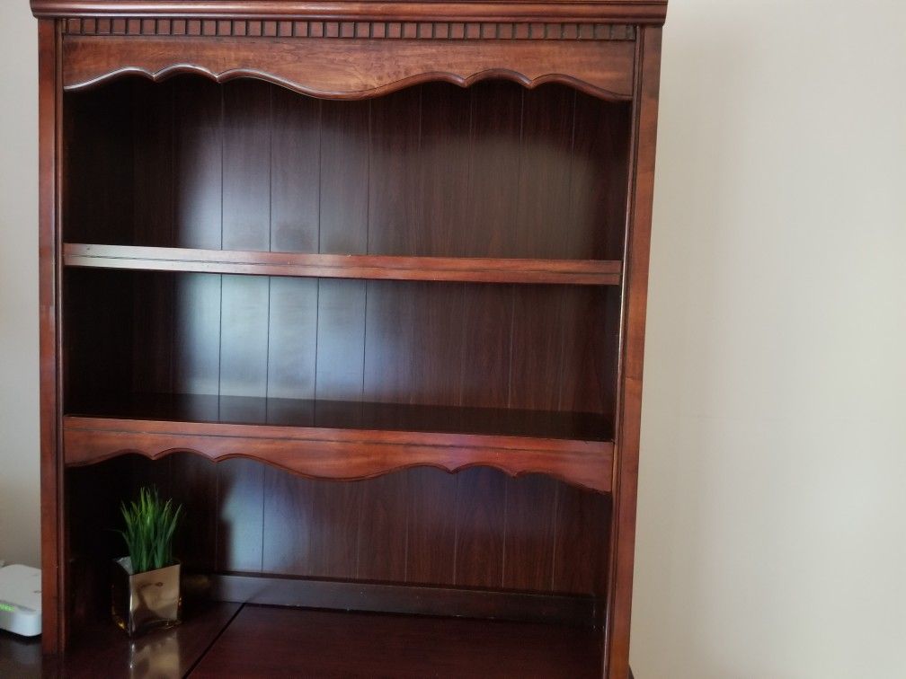 Desk with corner table and book shelf. Cherry finish