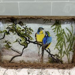 Antique Wicker And Bird Art Tray