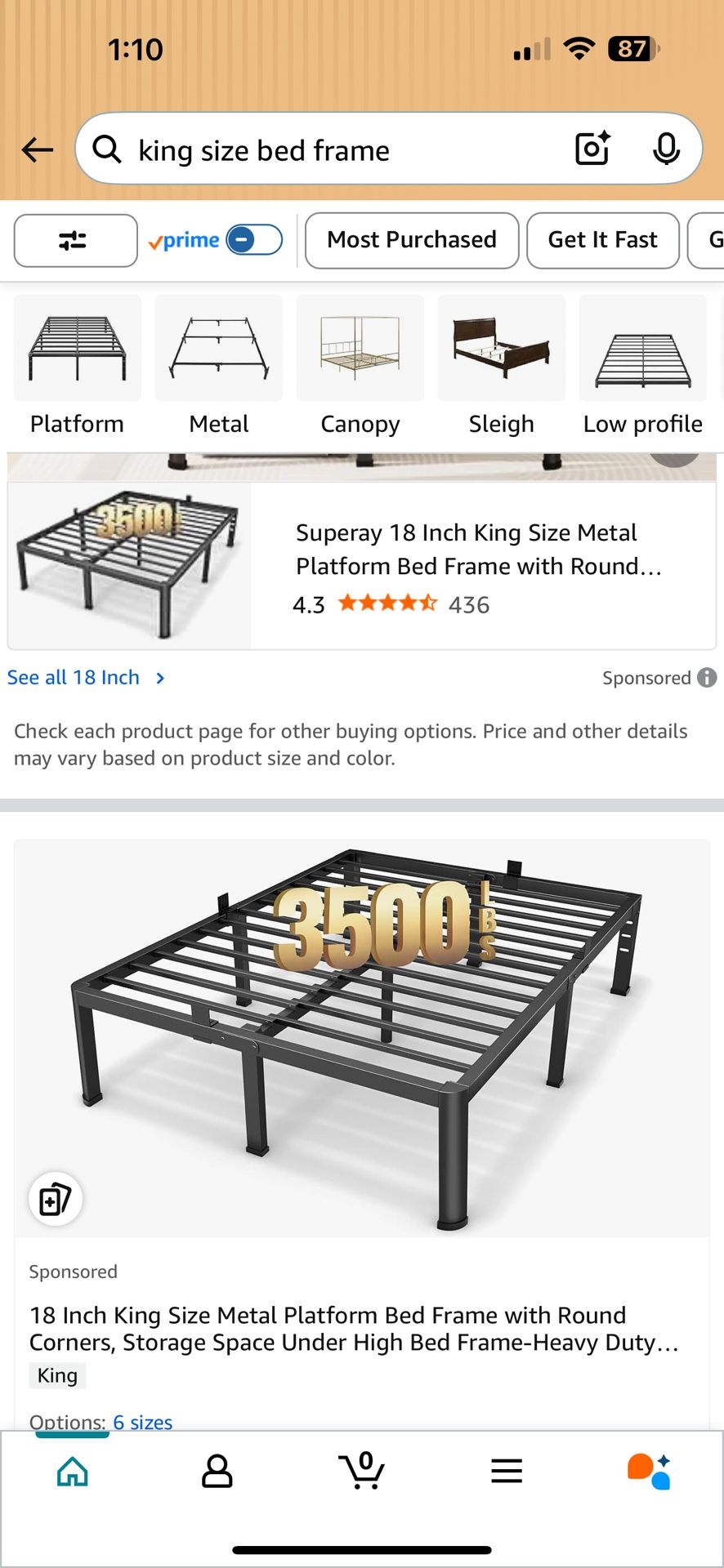 King Size Bed Frame. 18 Inch High