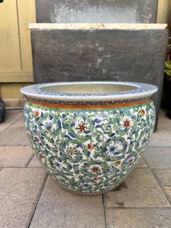 Vintage 10" Chinese Porcelain Floral Vine Fishbowl Planter – Multiple Pots Available!