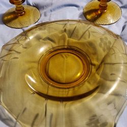Amber Depression Candleholders and Console  Bowl