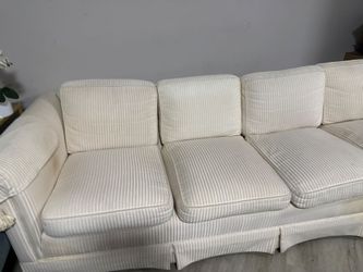 Couch - Traditional Skirted 4-Cushion Beige Pinstripe / Cottagecore