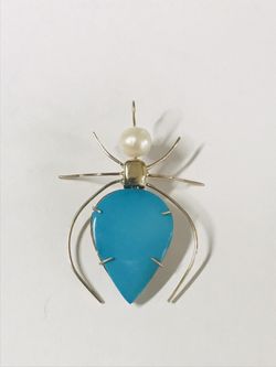14K Yellow Gold Vintage Natural Blue Turquoise & White Pearl Spider Handmade Pendant 3D,