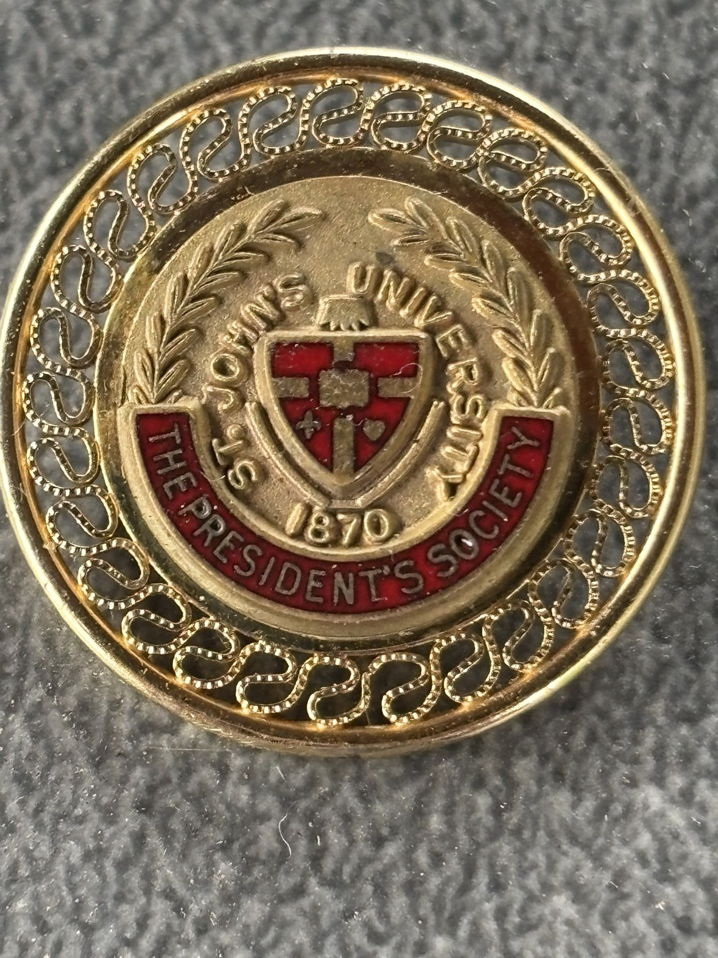 Vintage Gold Filled badge featuring the emblem of "The President's Society" of St. John's University, with the year 1870