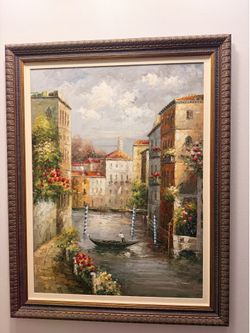 Large Framed Venetian Canal Oil Painting – Textured Impasto Style – 56” x 45”