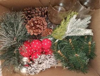 box of Christmas picks, pine cones and 2 glass candle holders to make a centerpiece or wreath FIRM