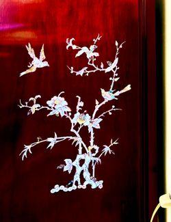 Gorgeous 7’x7’ Designer Red Rosewood Lighted China Cabinet,Table,2 Leaves and 6 chairs  Mayching table