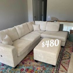 Gorgeous Ivory Corduroy Sectional Sofa With Storage Ottoman And USB Port