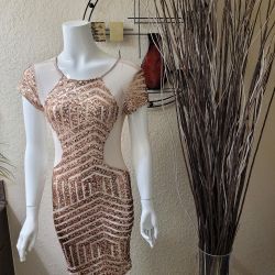 Gold Sequenced _sheer Midi Stretch Dress 
