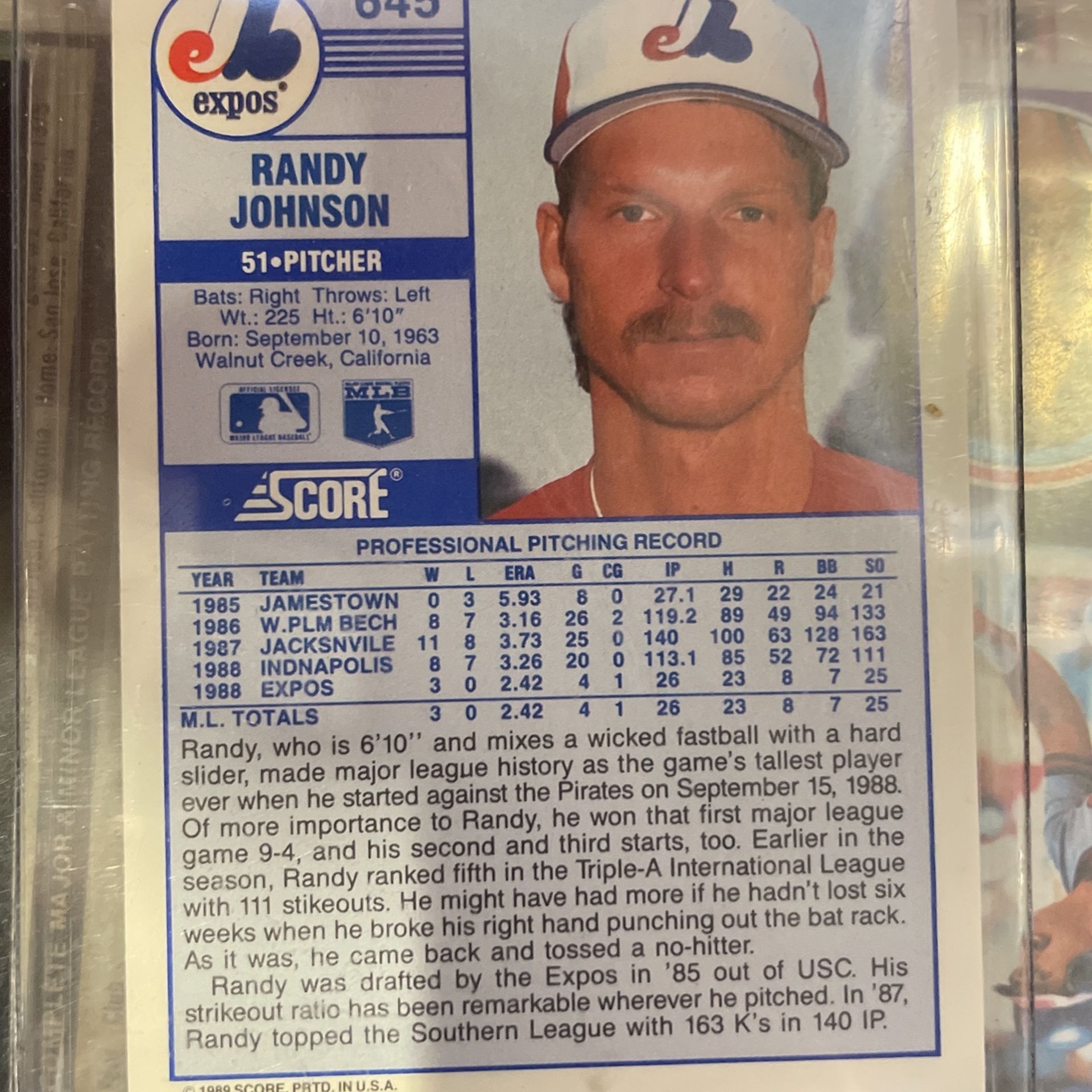 Randy Johnson, 1989 Rookie Trading Card Score