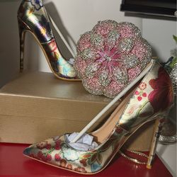 Floral Embroidered Heels and Crystal Clutch Set | Metallic Stiletto Pumps, Evening Bag