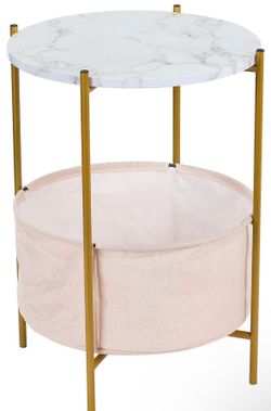 Round Storage Side Table, 2-Tier End Table with Fabric Basket Gold Metal Frame, 16'' Faux Marble Top Nightstand Bedside Tables for Nursery Kids Living