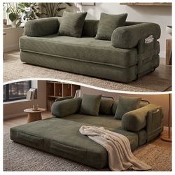 New in box! 79" Sofa Bed Convertible Boneless Couch Corduroy Modular Couch Bed with Fixed-Shape Frame & Removable Armrests