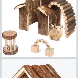 Small Animal Amusement Wooden Villa House Hideouts Playground with Ladder, Fit for Chinchilla, Guinea Pigs, Gerbil, Dwarf Mice, Hedgehog (4 Pcs)