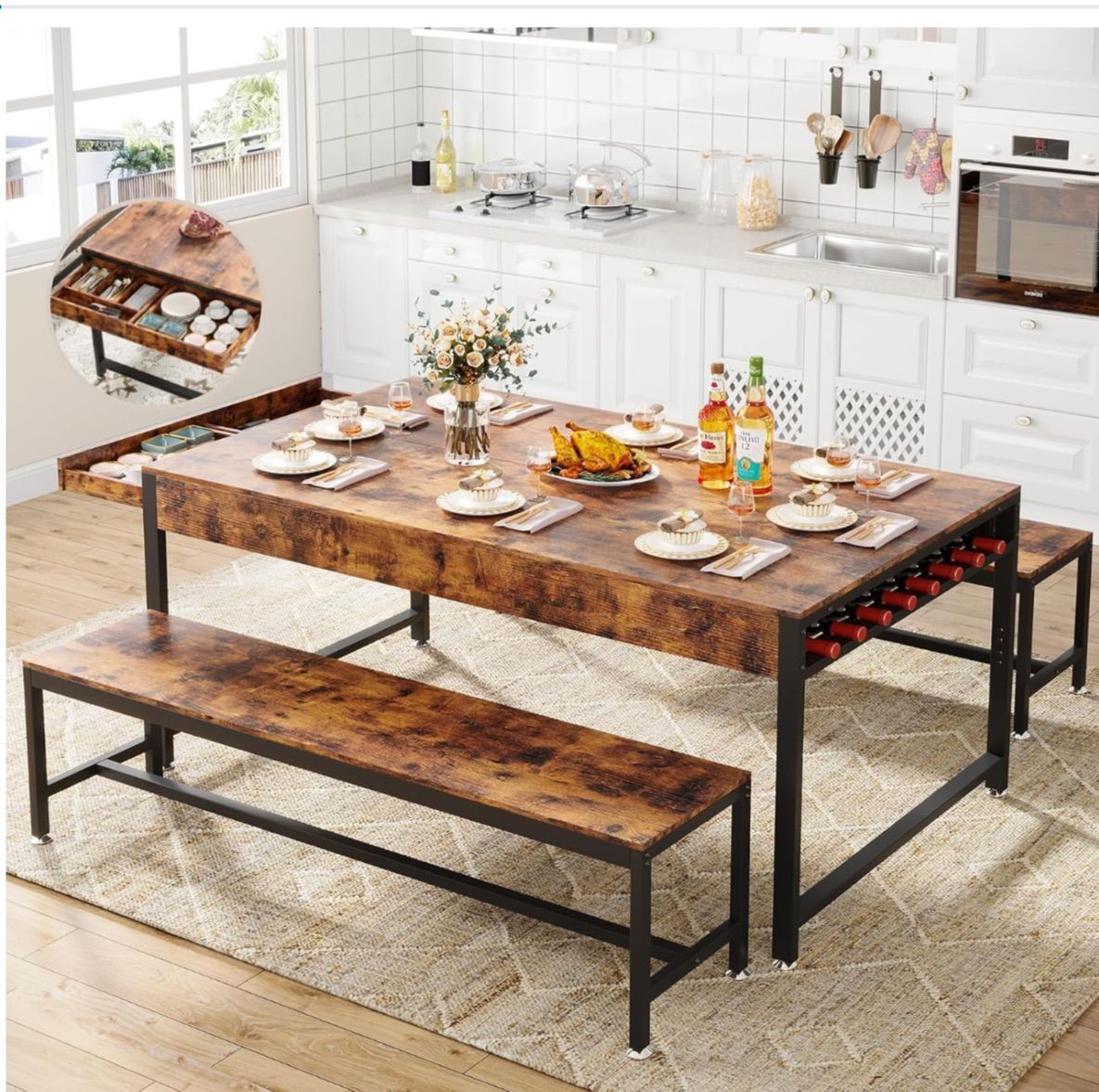 Loomie 63" Dining Table Set for 4-6, 3-Piece Kitchen Table with 2 Utensil Drawers, 2 Benches & Wine Rack, Modern Space Saving & Heavy Duty Dinner Tab