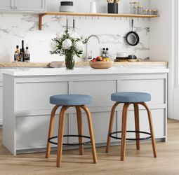 Set of 2 Swivel Bar Stools, 24'' Counter Height Backless Stools with Fabric Upholstered Seats and Sturdy Curved Wood Legs, Mid-Century Modern Design (