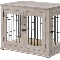 Already Built Furniture Style Dog Crate End Table, Double Doors Wooden Wire Dog Kennel with Pet Bed, Decorative Pet Crate Dog House Indoor Medium