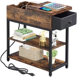 End Table with Charging Station, Narrow Sofa Side Table with USB Ports & Outlets,