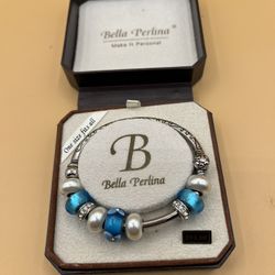 Bella Perlina Charm Bracelet With Aqua And White Beads With Silver Rhinestones 