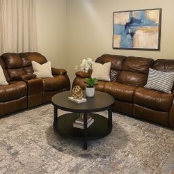 Brown Leather Reclining Couch & Loveseat Set – Good Condition!