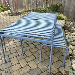 French blue outdoor table and bench set
