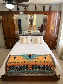 Henredon Hardwood Bedroom Wall Unit with Queen Bed Frame and Matress