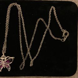 Silver Necklace With Purple Butterfly Pendant 