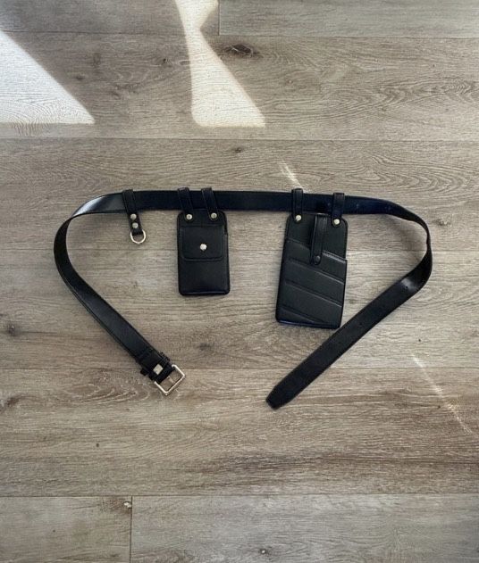 Black Leather Belt with Gold Detail - Phone Pouch, Key Hook