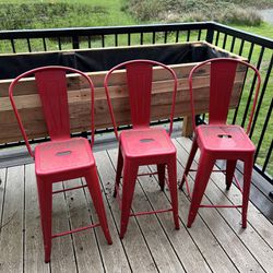 (3) Red Metal Bar Stool Chairs 