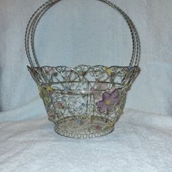 Vintage Silver Tone Wire Basket With Pastel Jewels