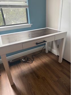 Modern White Desk with Built-In Power Outlets & USB Port