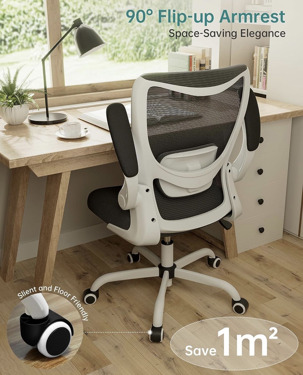 Office Chair, Ergonomic Desk Chair with Adjustable Lumbar Support and Flip up Armrest, Breathable Mesh Computer Chair for Home Office, White
