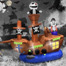  LED Pirate Ship with Ghost Skeleton Halloween Blow Up Yard Inflatable Decoration