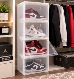 Set of 4 Clear Stackable Sneaker Display Boxes | Drop-Front Shoe Storage