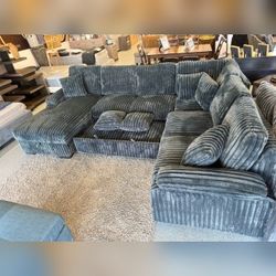 Gray Jumbo corduroy sectional Pull out sofa bed sleeper sofa