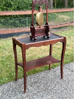 Vintage Asian table with leather top With CHINESE GONG