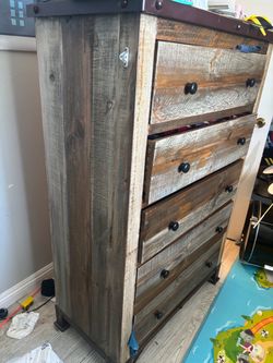 Rustic Wood Tall Dresser with 5 Drawers