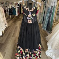 Traditional Black Quince Dress With Embroidered Flowers Size Small