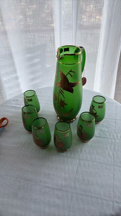 Gorgeous Green Glass Server With Six Glasses All 14 Karat Gold Leaf Made By Egermann 