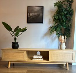 65” Boho Rattan TV Stand / Natural Oak Media Console